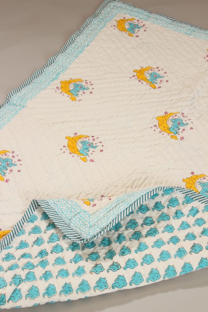 π Moonlit Elephant Dreams Reversible Baby Quilt | Mul Cotton | 0-4 years