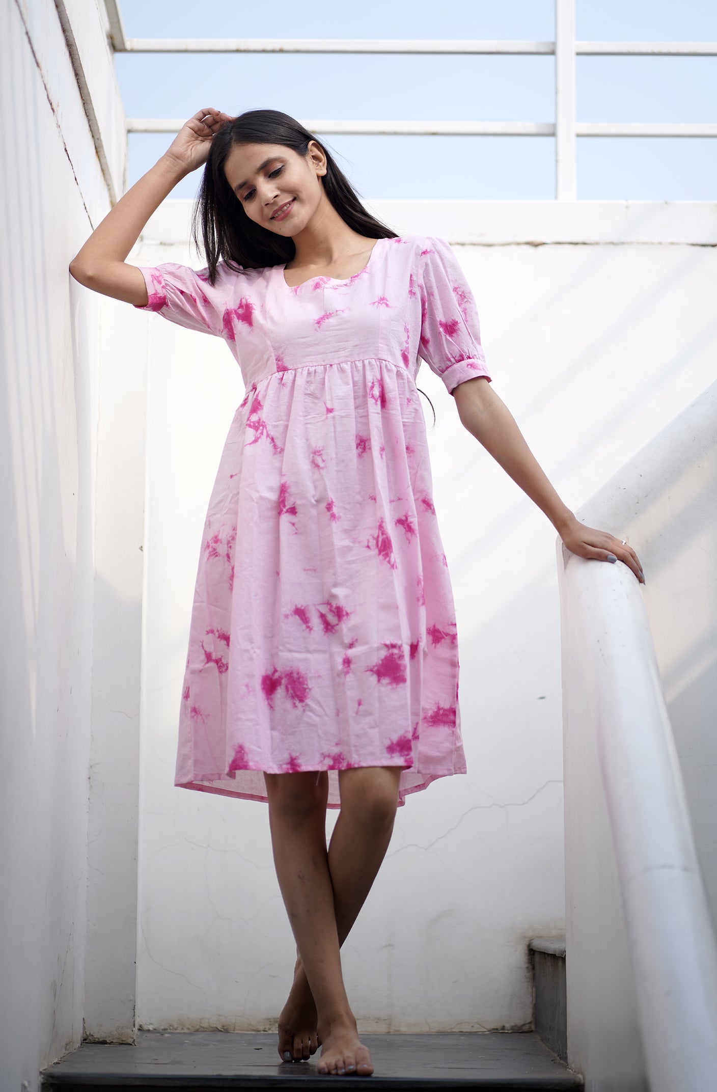 Roseate Tie Dye Puff Sleeve Cotton Dress Papayawhims