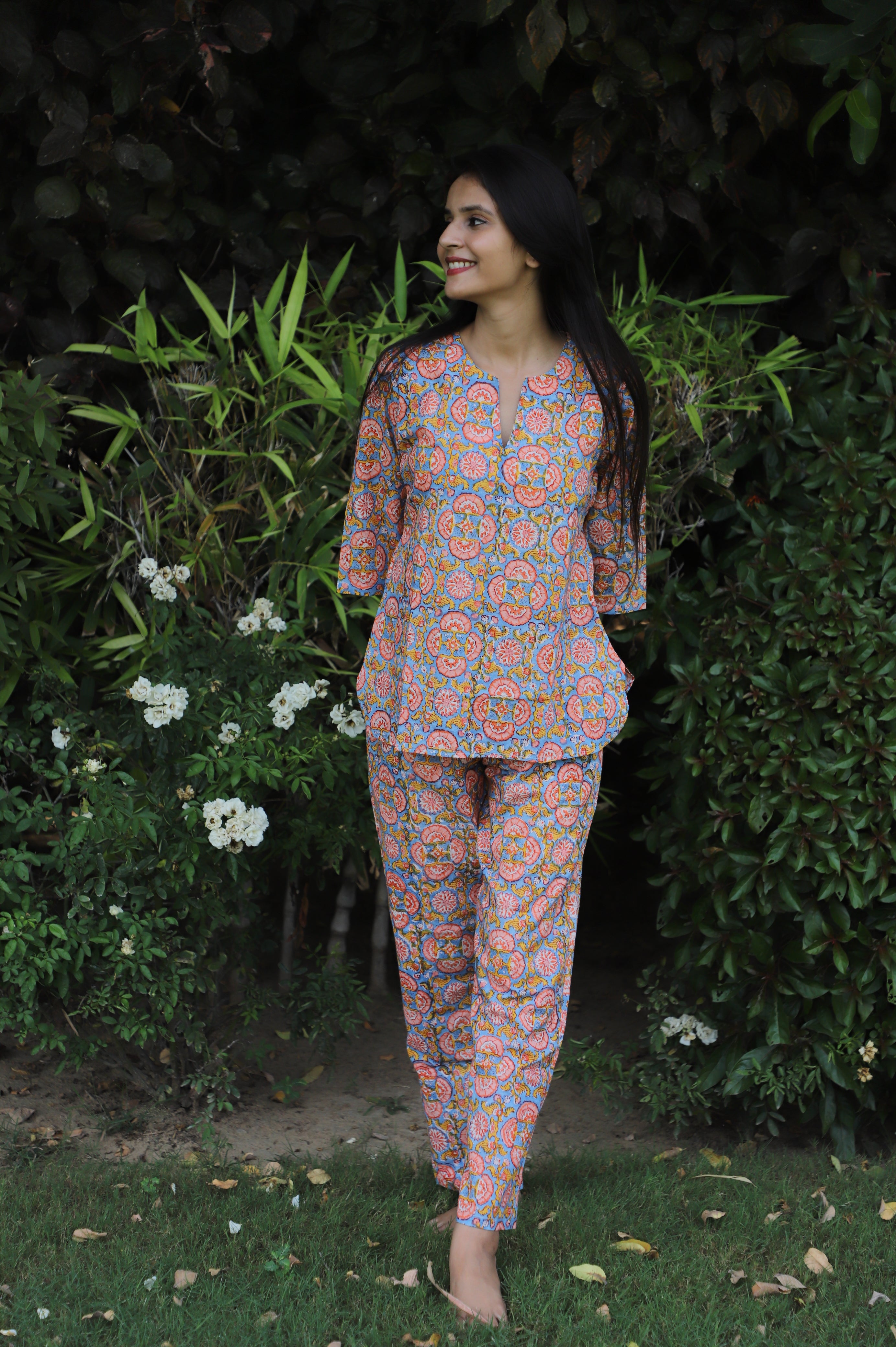 Sunheri Hand block printed Cotton Kurta Jammies 2 pc Set