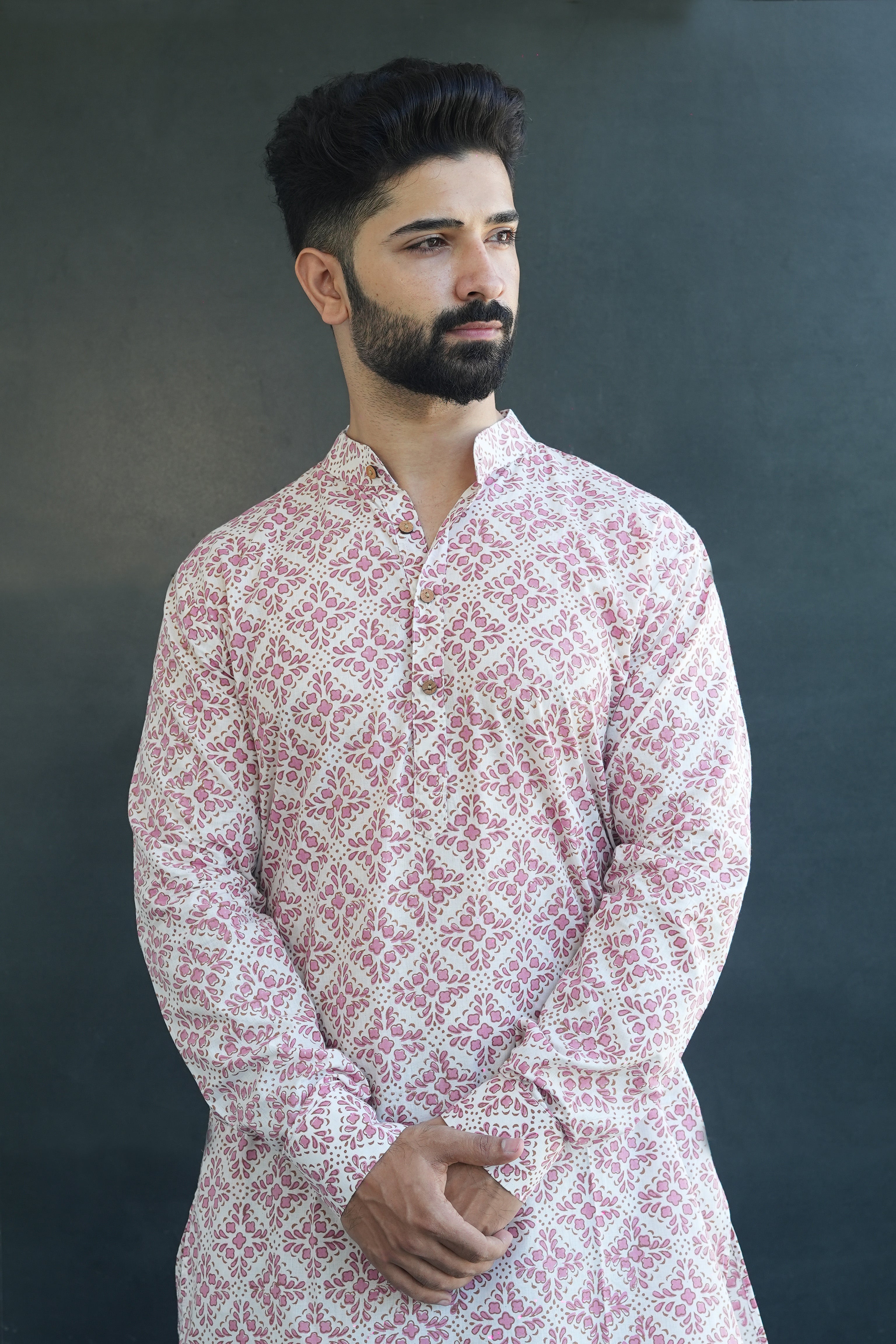 Cotton Kurta for Men | Handblock | Pink