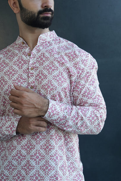 Cotton Kurta for Men | Handblock | Pink