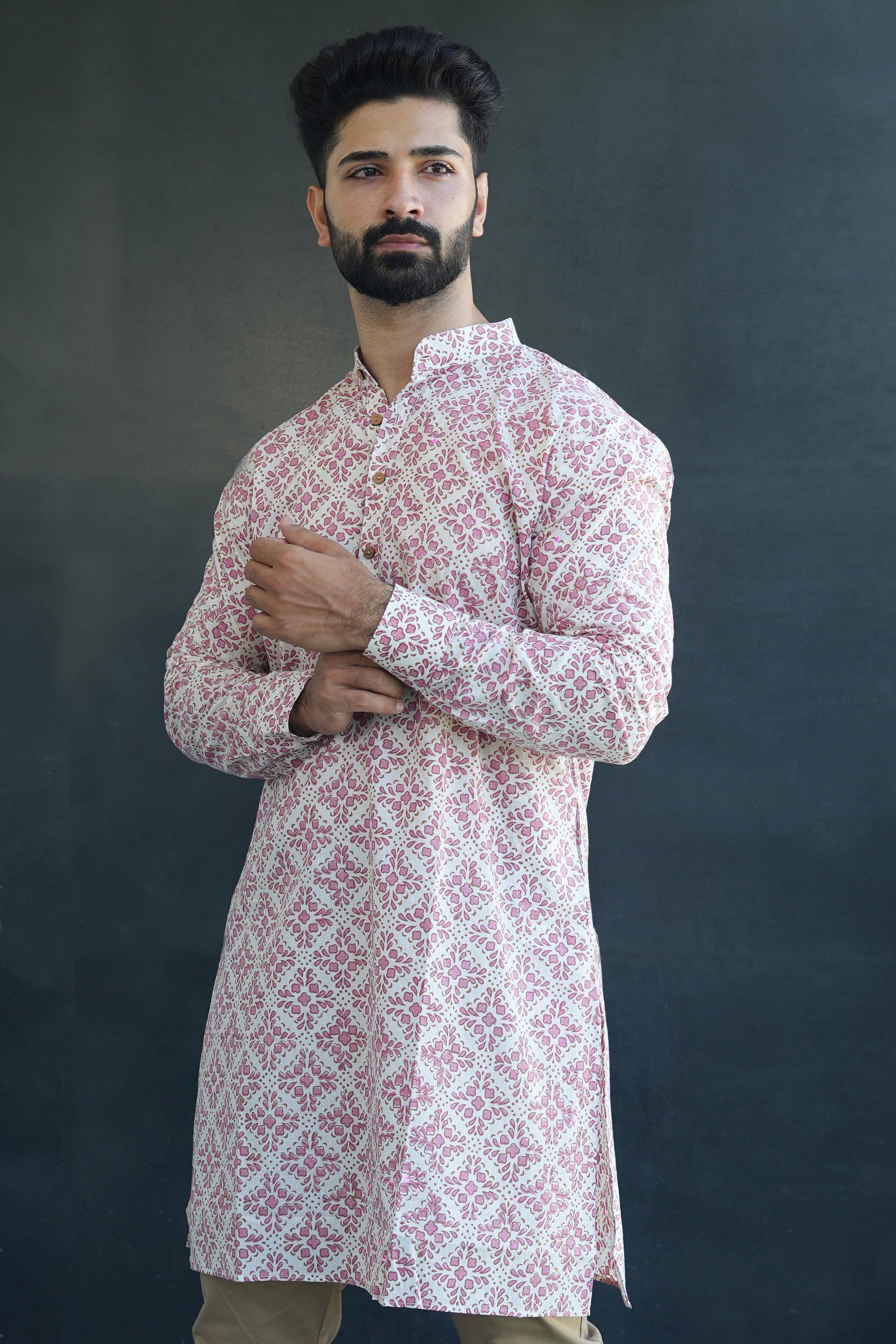 Cotton Kurta for Men | Handblock | Pink