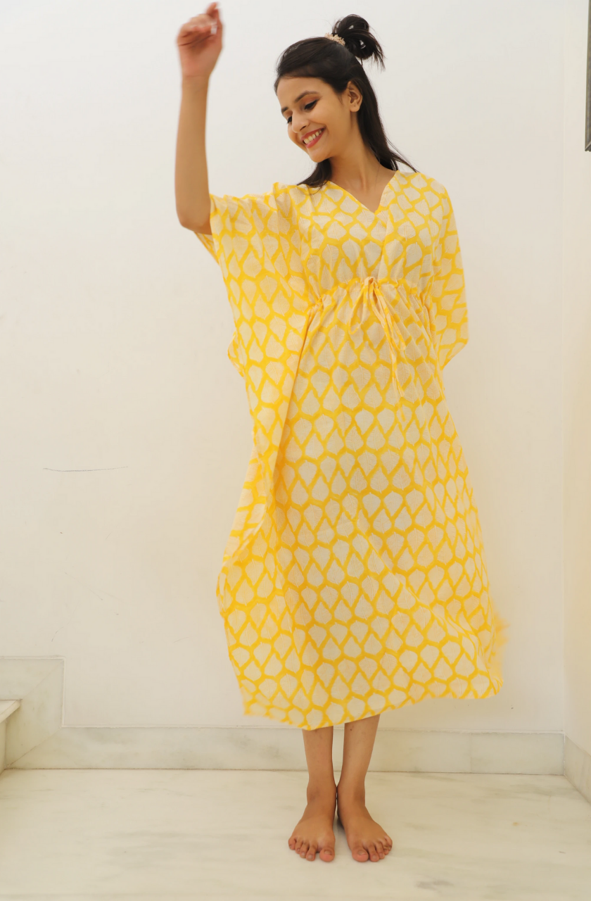 Light &amp; Sunny Hand Block Cotton Kaftan