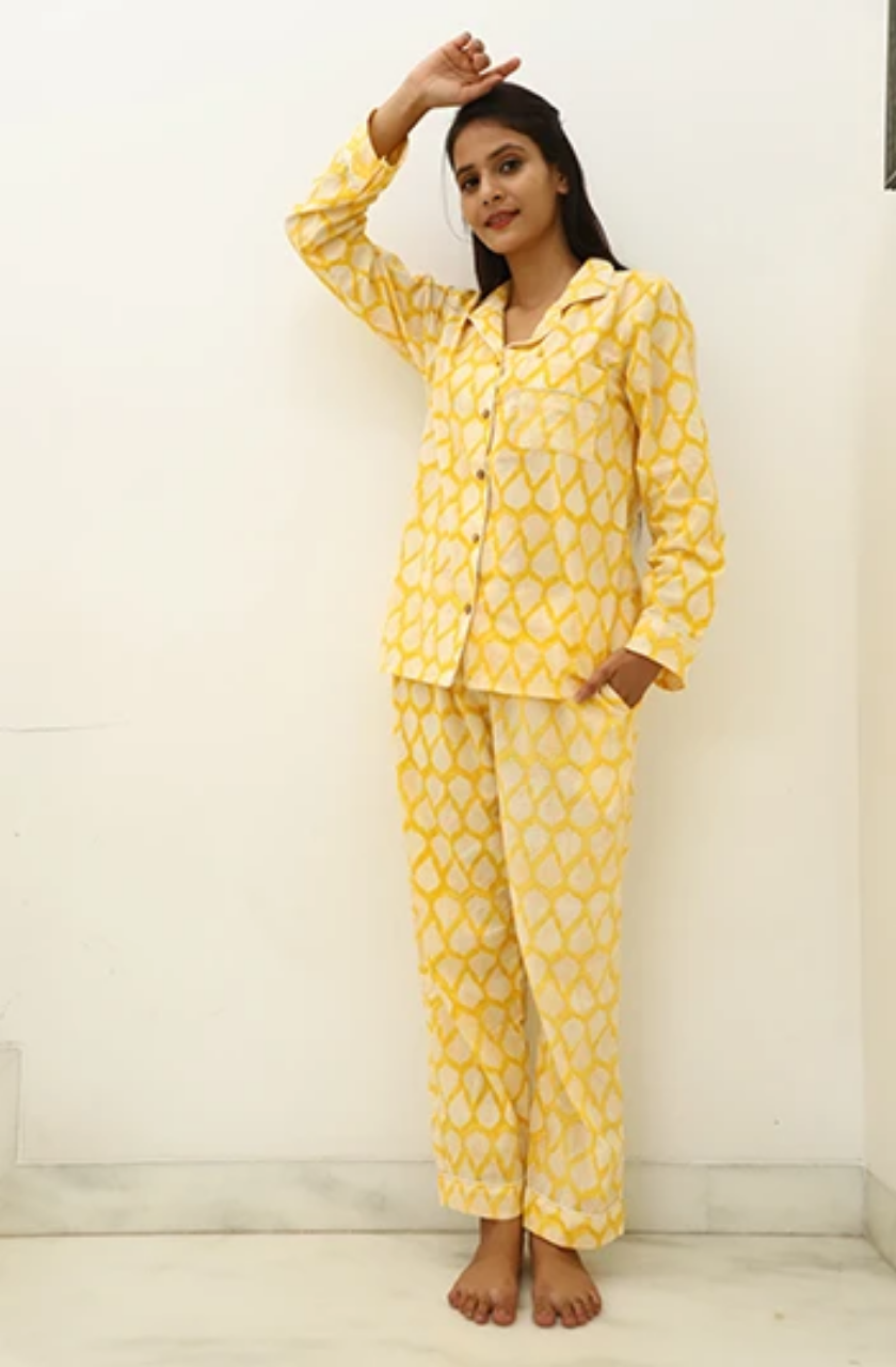 Mellow Yellow Hand Block Cotton Night Suit