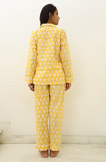 Mellow Yellow Hand Block Cotton Night Suit