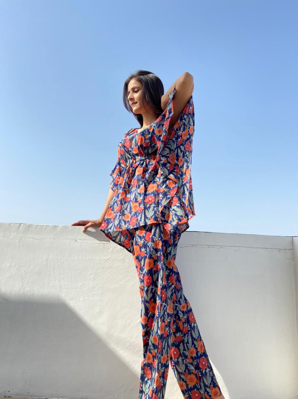 Tokyo Hand Block Printed Cotton Floral Kaftan Jammies