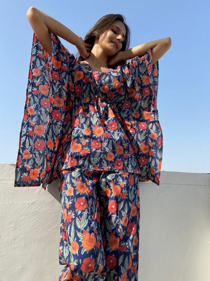 Tokyo Hand Block Printed Cotton Floral Kaftan Jammies