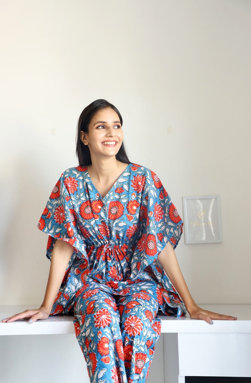 Rachael Hand Block Printed Kaftan Pyjama Set