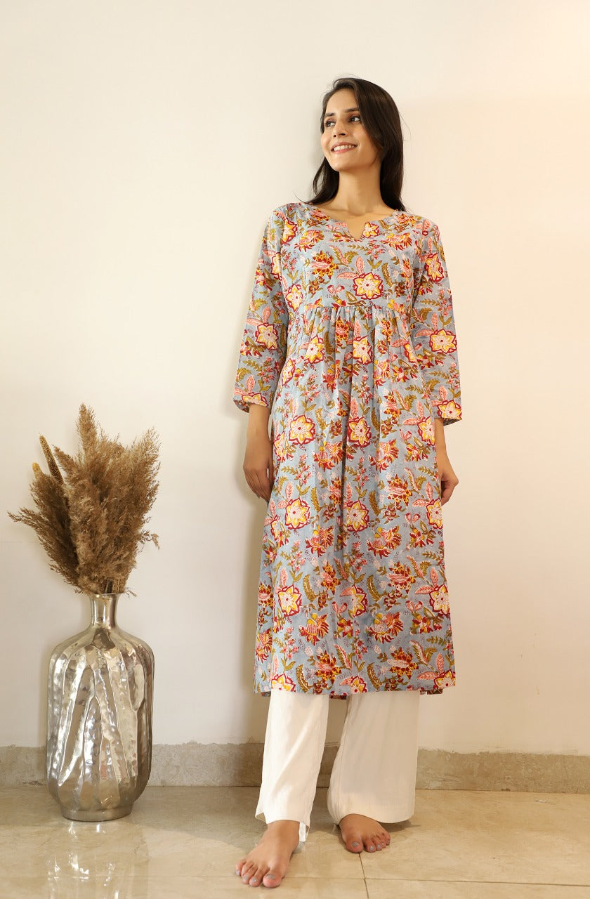 Pomana Hand Block Cotton Gathered Kurta