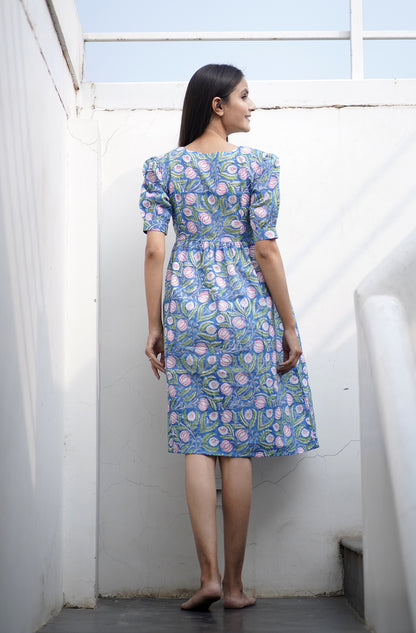 Freida Hand Block Printed Puff Sleeve Cotton Dress