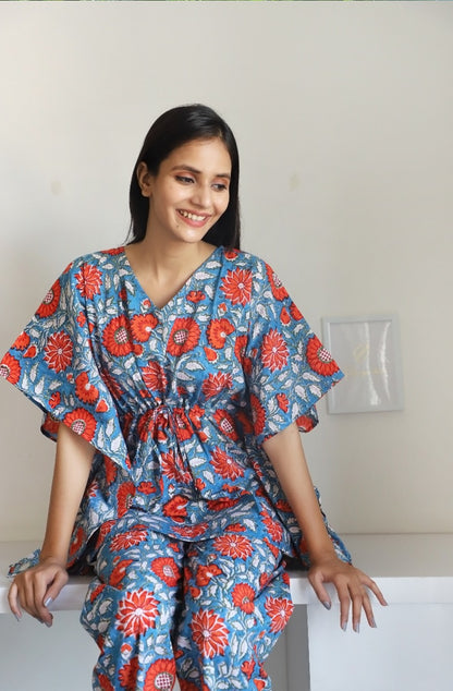 Rachael Hand Block Printed Kaftan Pyjama Set