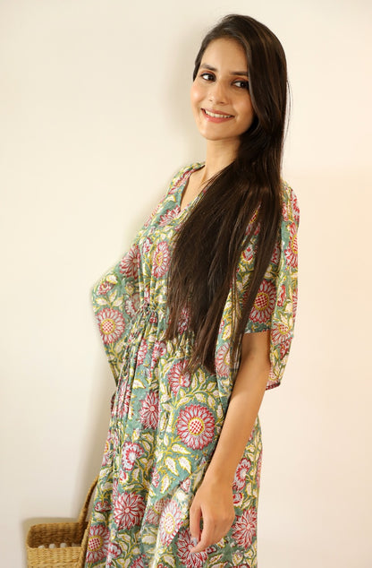 Siya Hand Block printed Cotton Ankle length Kaftan Dress