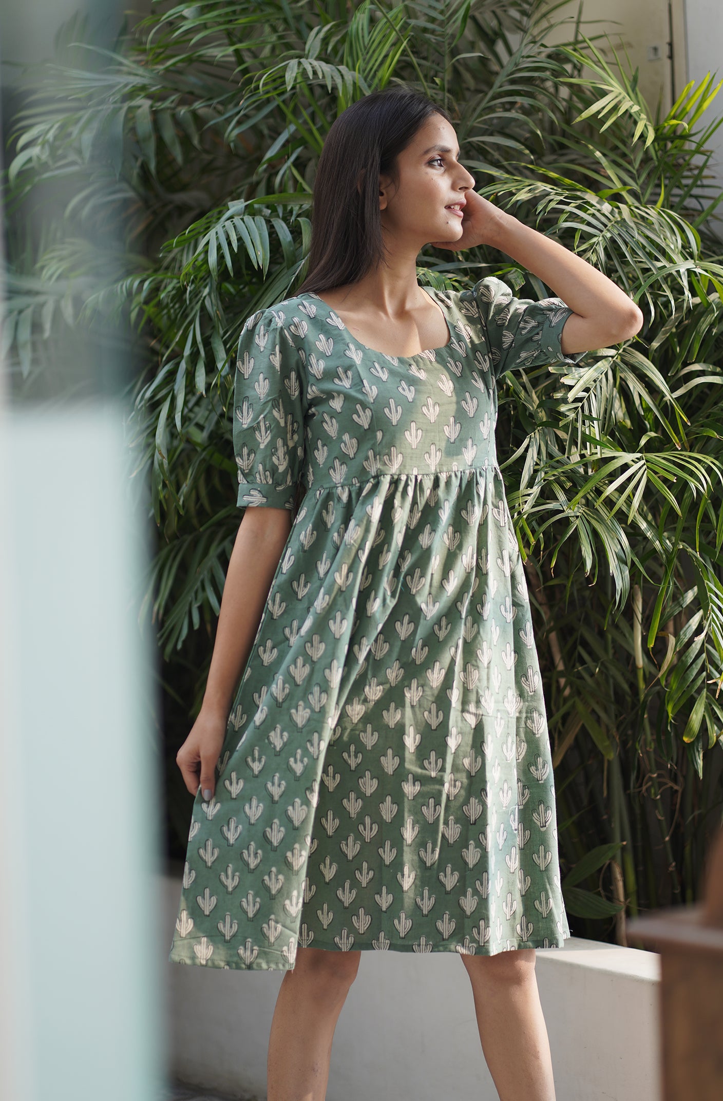 Desert Flora Puff Sleeve Cotton Dress - Papayawhims