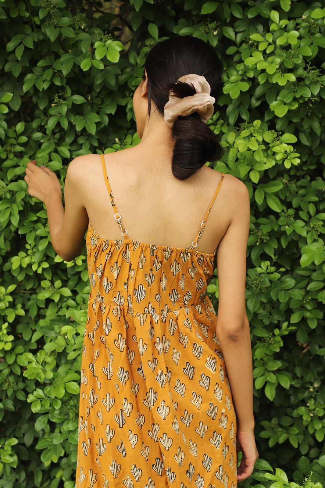 Lemon Curry Hand Block Print Gathered Dress