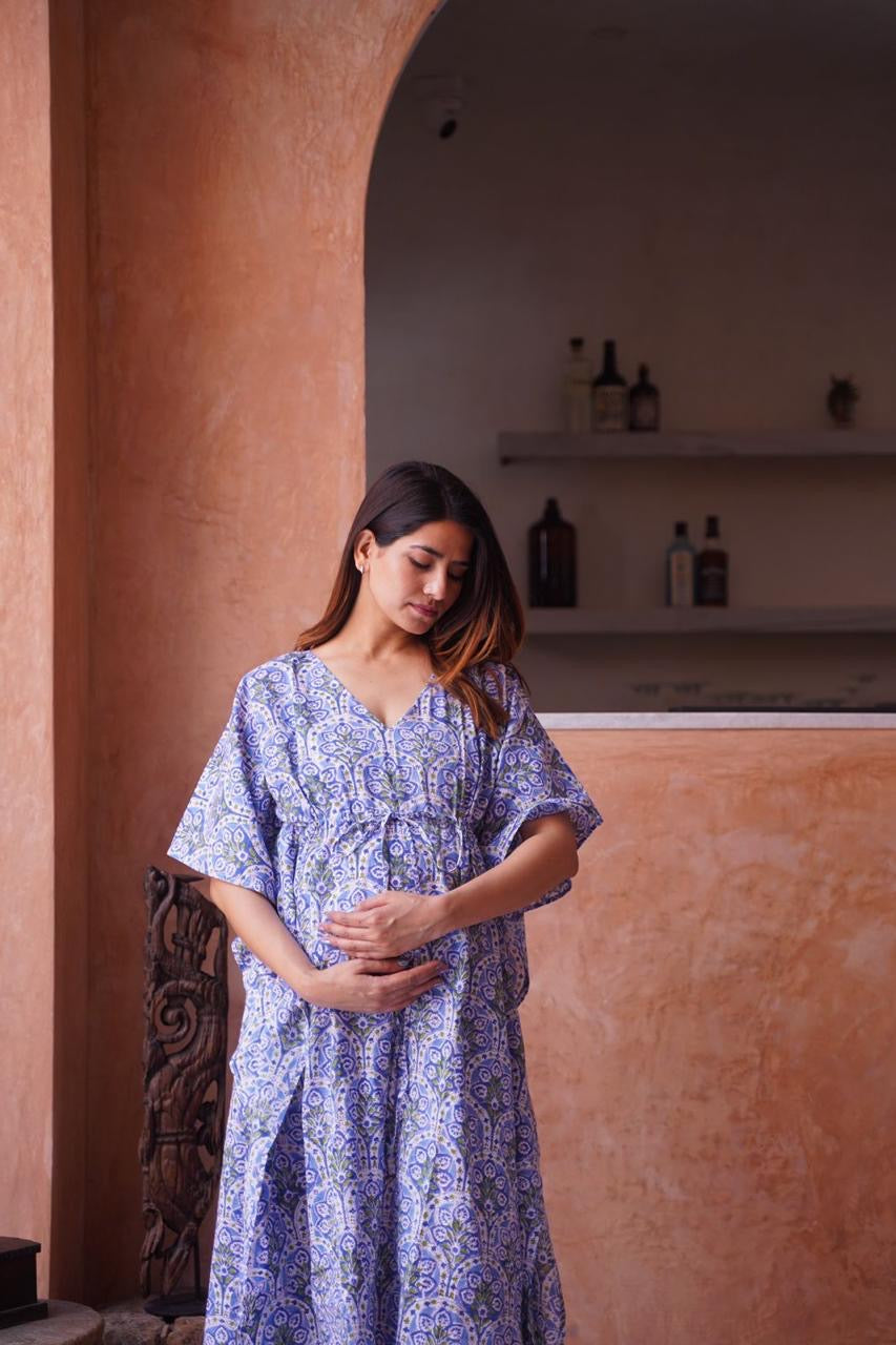 Baby Blue Hand Block Cotton Maternity Kaftan – Papayawhims