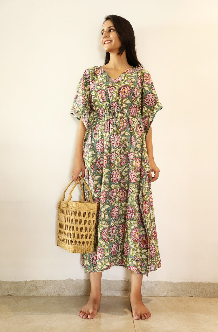 Siya Hand Block printed Cotton Ankle length Kaftan Dress