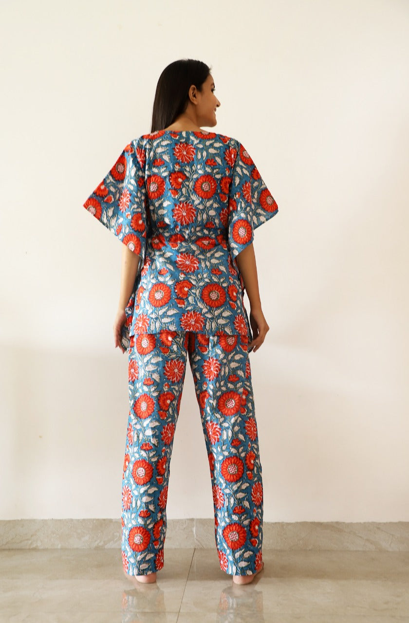 Rachael Hand Block Printed Kaftan Pyjama Set