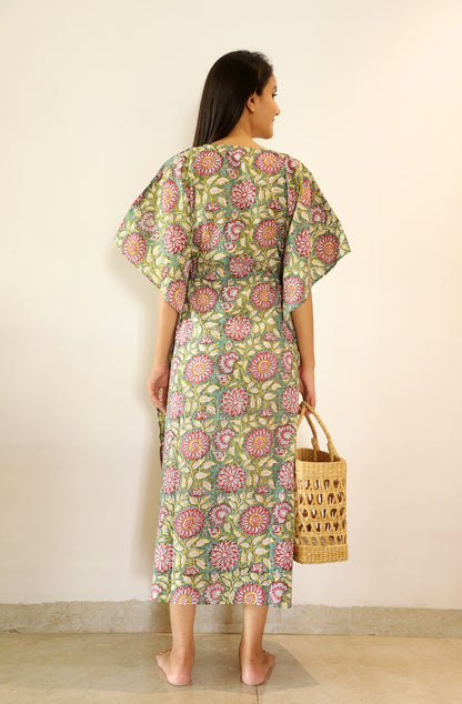 Siya Hand Block printed Cotton Ankle length Kaftan Dress