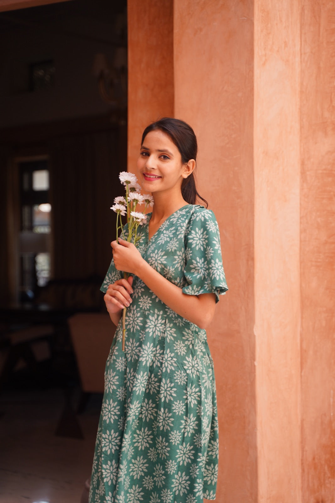 Dandelion Love Hand Block Cotton Frill Dress | frill sleeves Papayawhims Dandelion Love Hand Block Cotton Frill Dress | frill sleeves Papayawhims