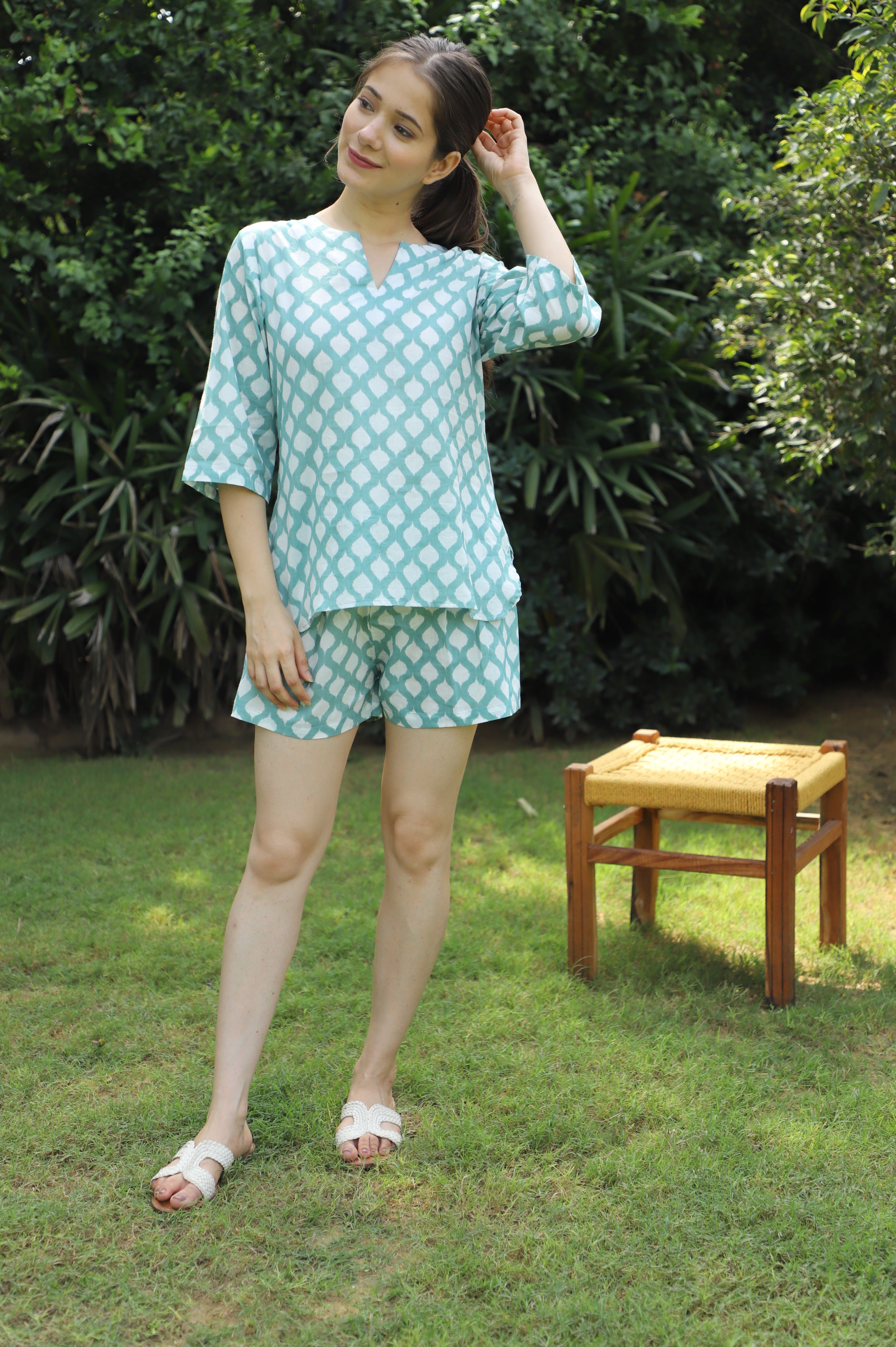 Snow Green Ikat Print Cotton  Kurta Shorts Set