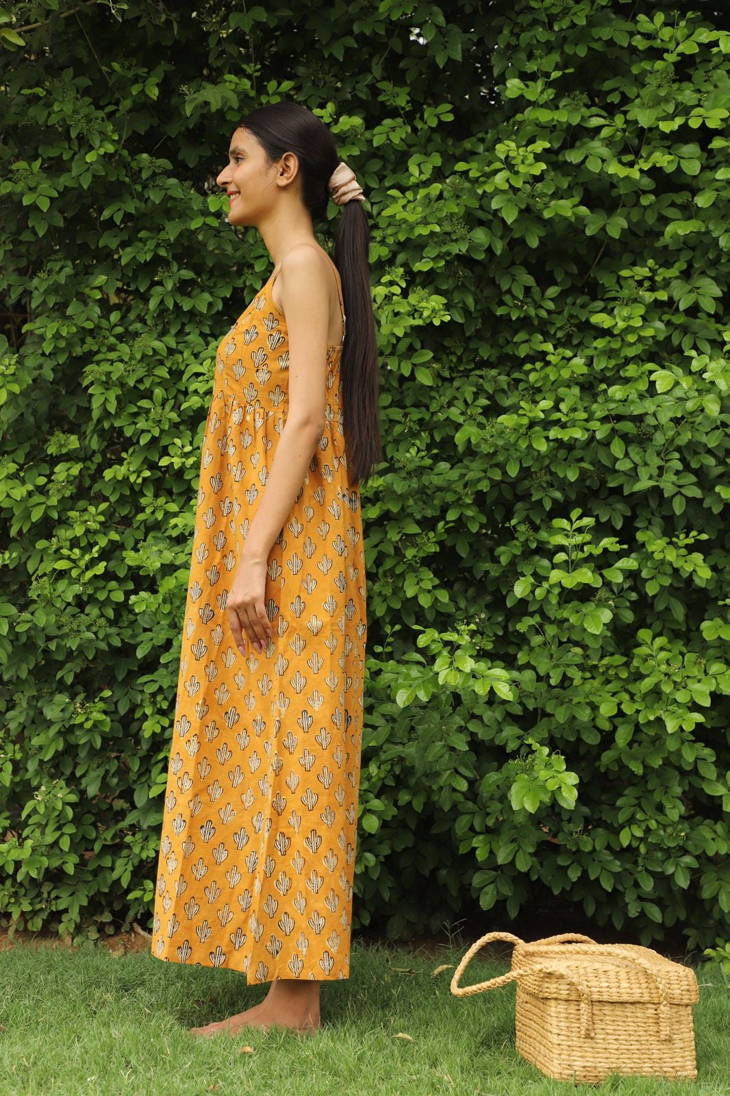 Lemon Curry Hand Block Print Gathered Dress