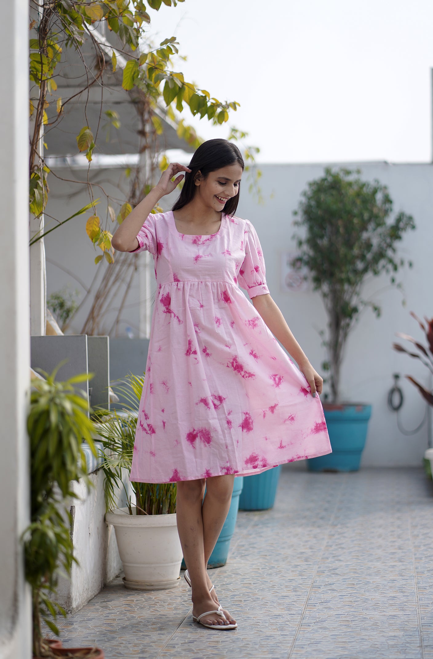 Roseate Tie Dye Puff Sleeve Cotton Dress