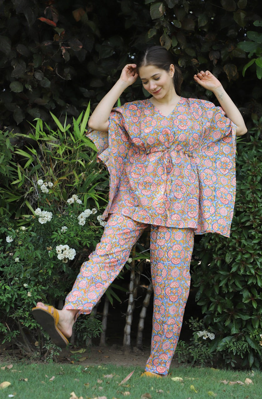 Swirling Hand Block Cotton Kaftan Jammies Set