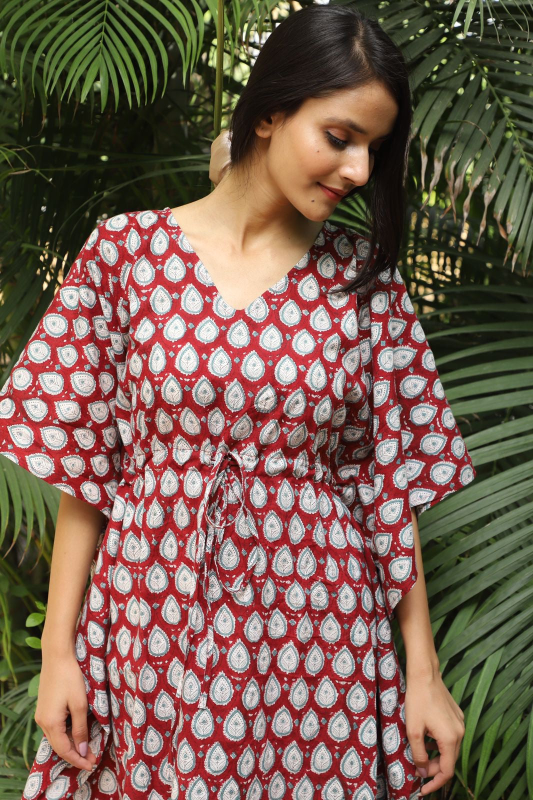 Autumn Bloom Hand Block Cotton Kaftan