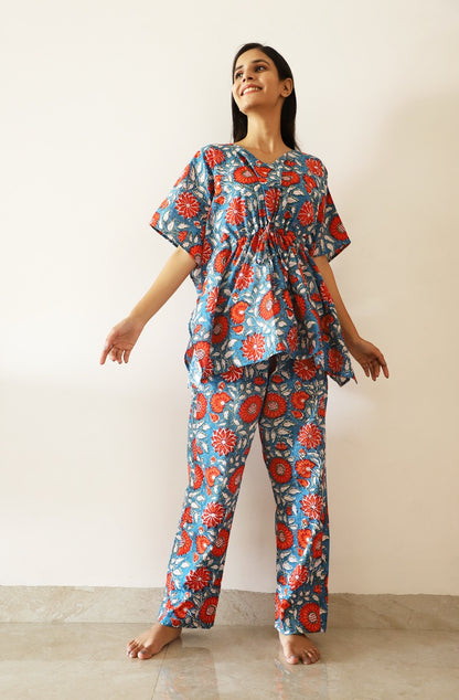 Rachael Hand Block Printed Kaftan Pyjama Set