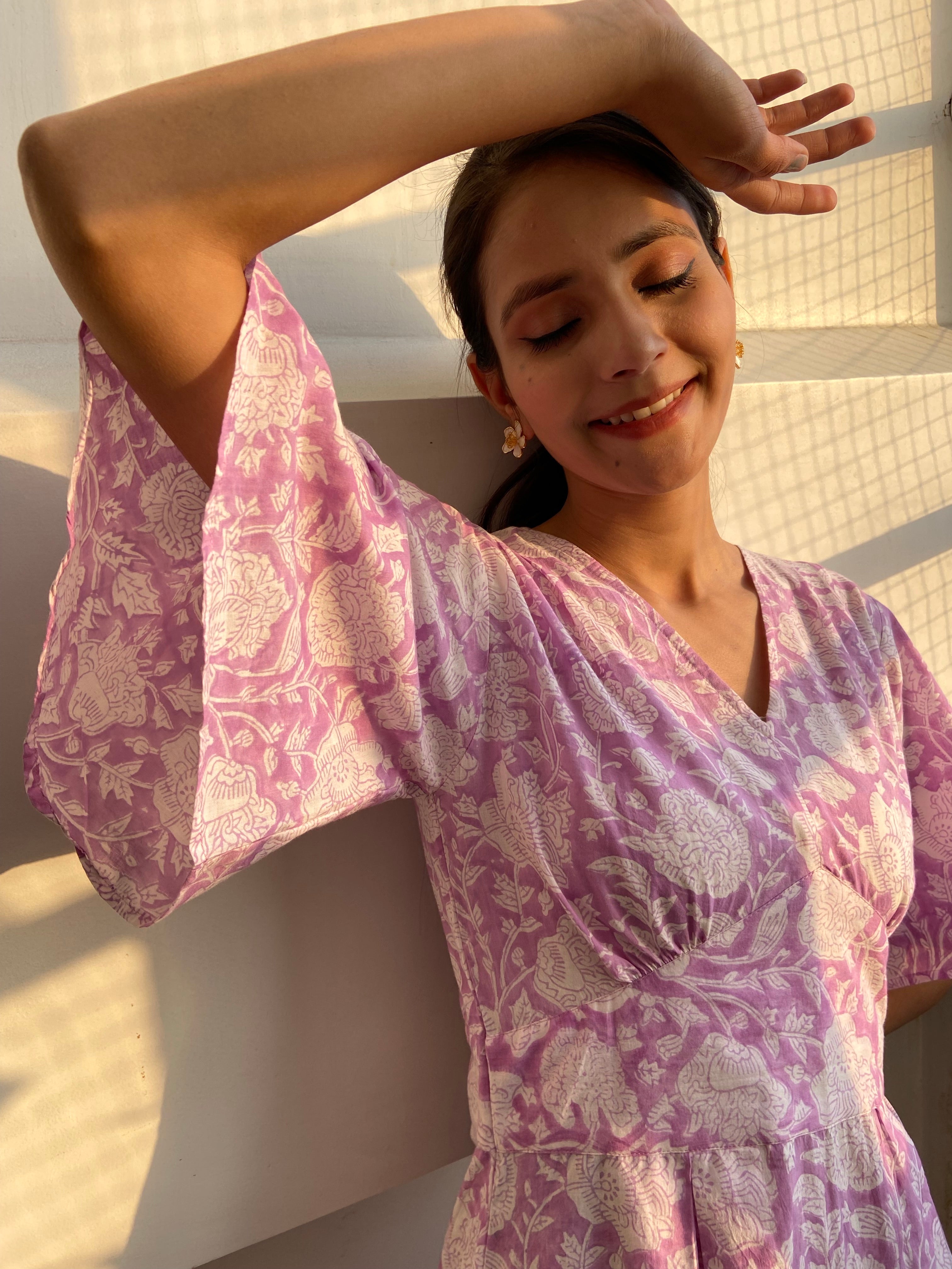 Sunshine hand block printed frill sleeve cotton dress