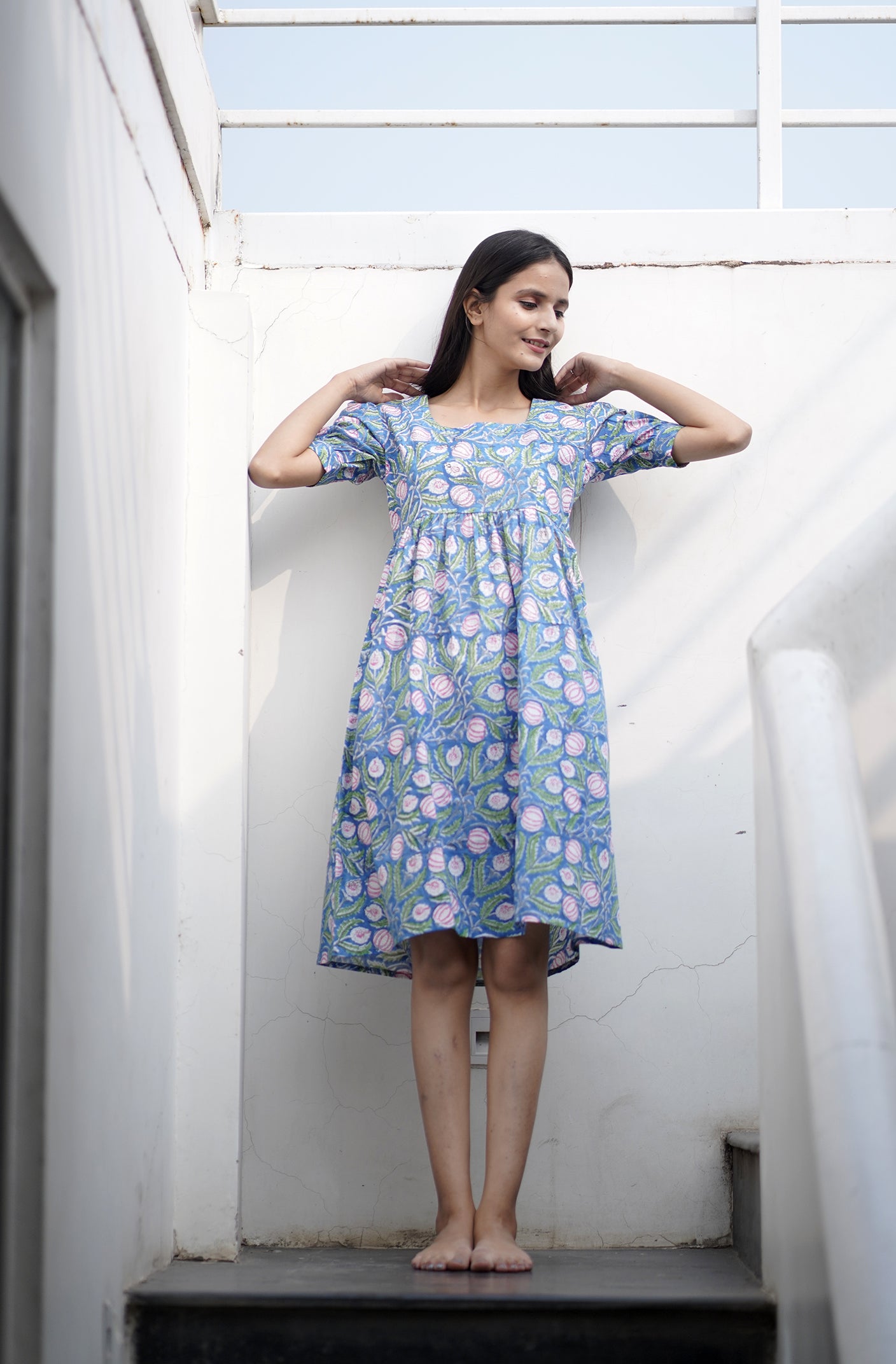 Freida Hand Block Printed Puff Sleeve Cotton Dress