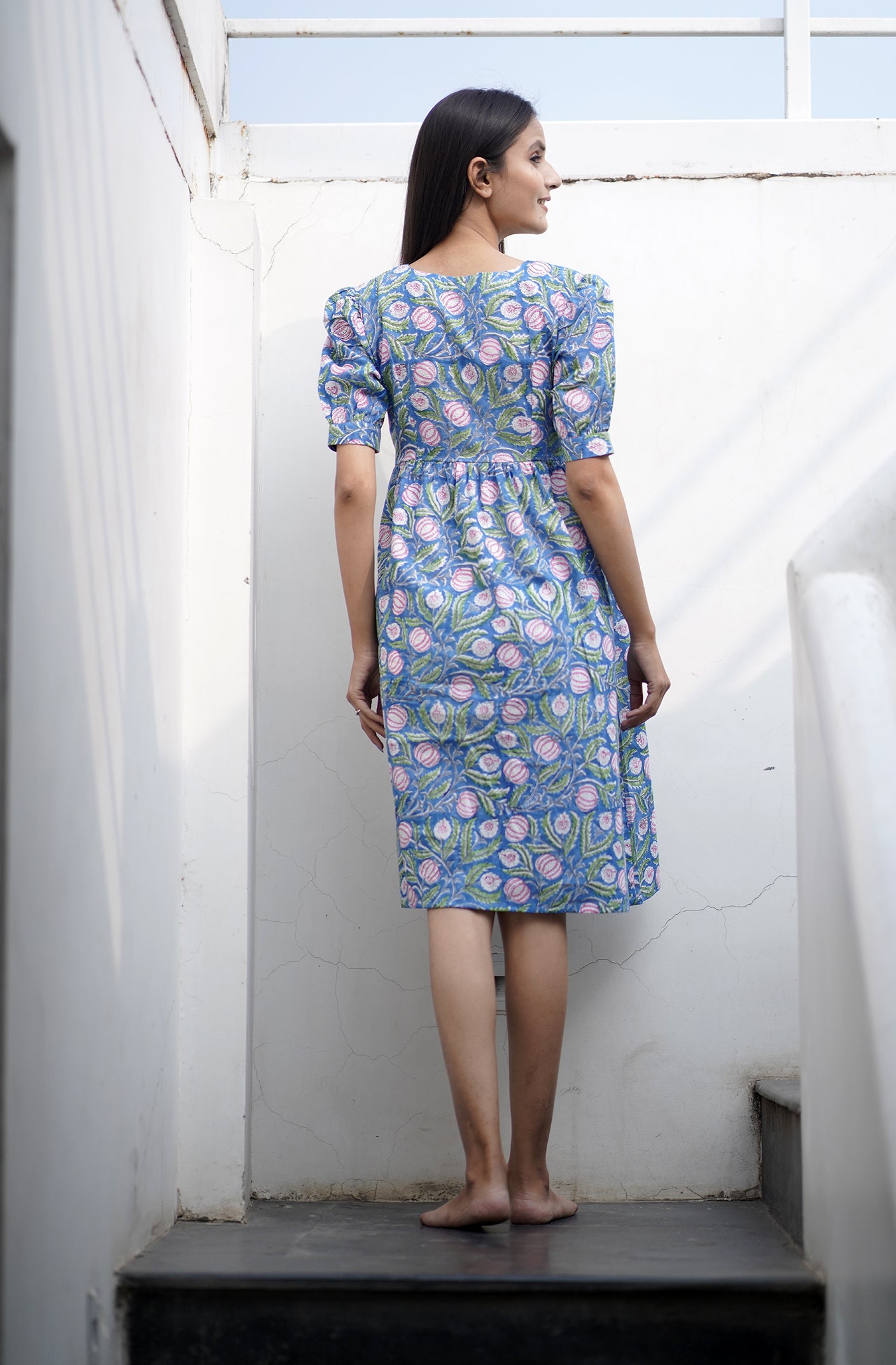 Freida Hand Block Printed Puff Sleeve Cotton Dress