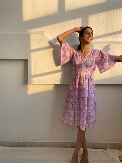 Sunshine hand block printed frill sleeve cotton dress