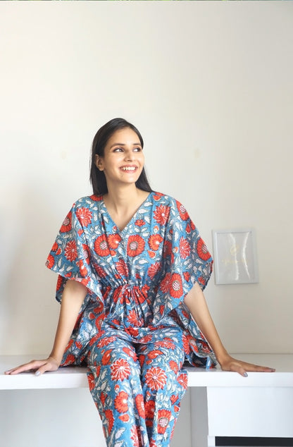 Rachael Hand Block Printed Kaftan Pyjama Set